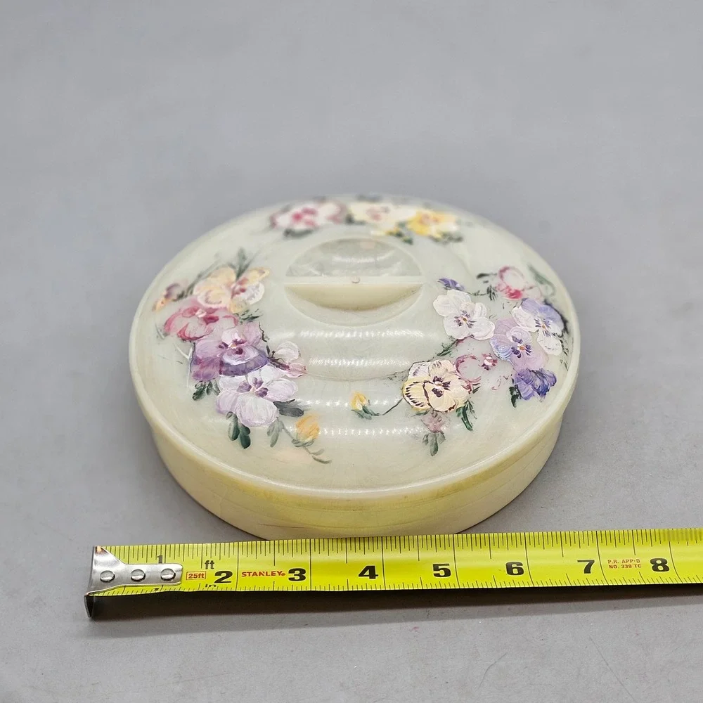 Vintage Hand Painted Floral Pansy Plastic Trinket Vanity Box Round Cream 6.5in